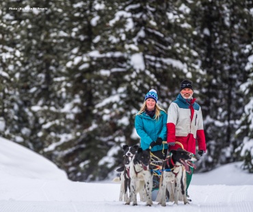 People enjoying dogsledding through trails People enjoying dogsledding through trails
