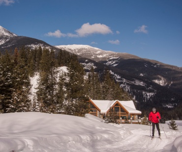 Man cross country skiing on groomed trail at Panorama Mountain Resort Man cross country skiing on groomed trail at Panorama Mountain Resort