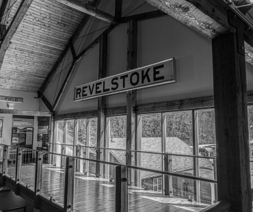 Revelstoke sign in B&W picture of the Railway Museum Revelstoke sign in B&W picture of the Railway Museum