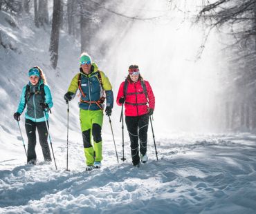 people trekking through the snowy trails people trekking through the snowy trails