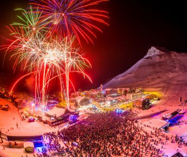 Fireworks and crowds listening to Dj's at Tignes Fireworks and crowds listening to Dj's at Tignes
