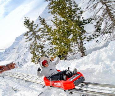 person racing down on winter luge person racing down on winter luge